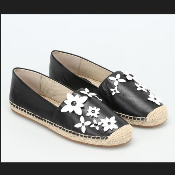 Michael Kors Black Leather Lola Espadrilles White Flowers - Picture 1 of 7